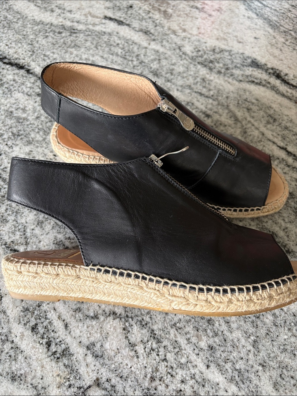kanna Black Leather Peep-Toe Zip Espadrille Wedges